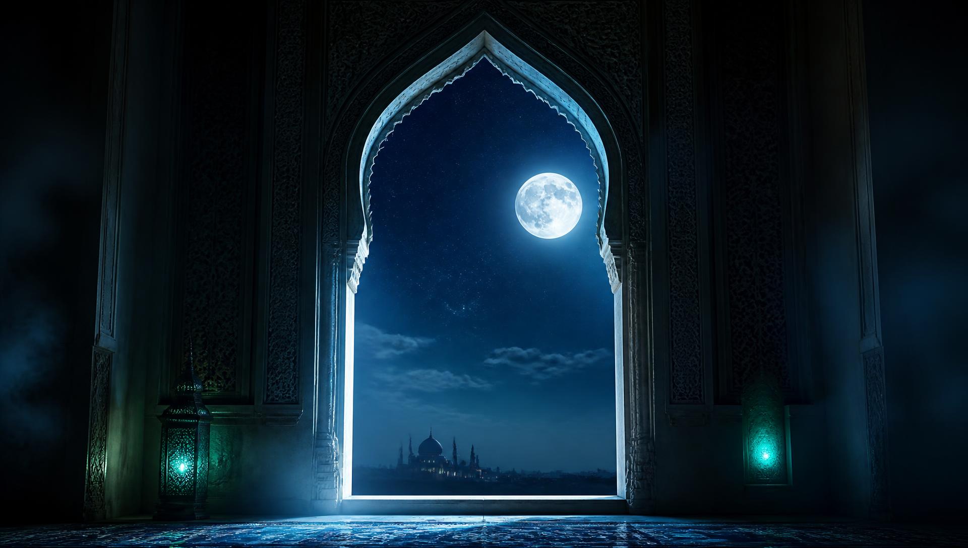 Moonlight through a carved Islamic arch window over a sleeping city
